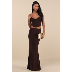Lulus Skyela Dark Brown Bustier Two-piece Maxi Dress - Size S